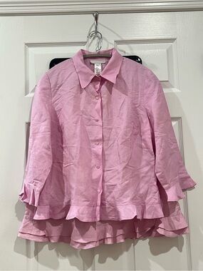 La Boutique Pink Linen Blend Ruffle Top & Skirt Set - Size 12